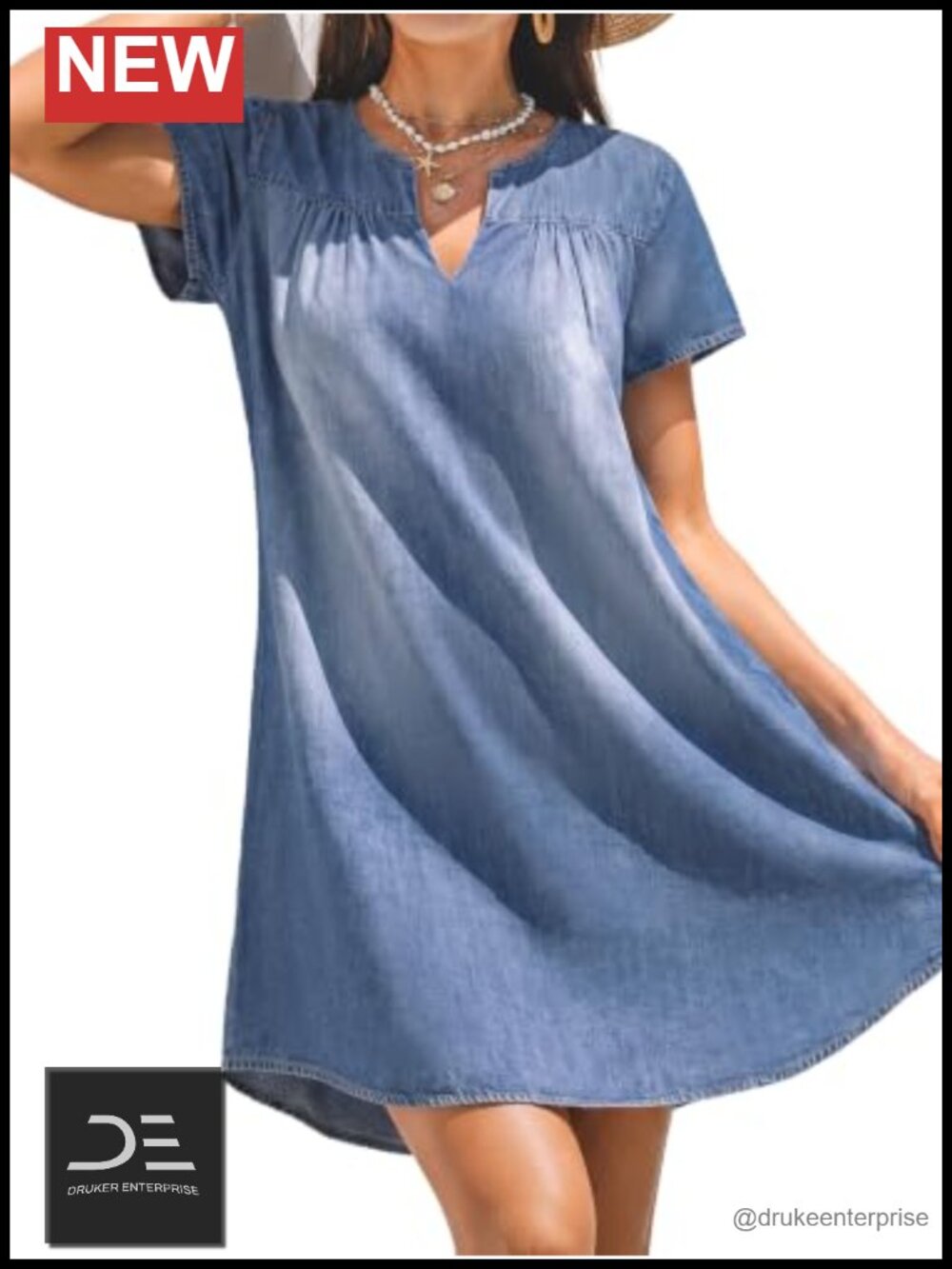 Women's Denim Babydoll Shift Mini Dress V-Neck Short Sleeve